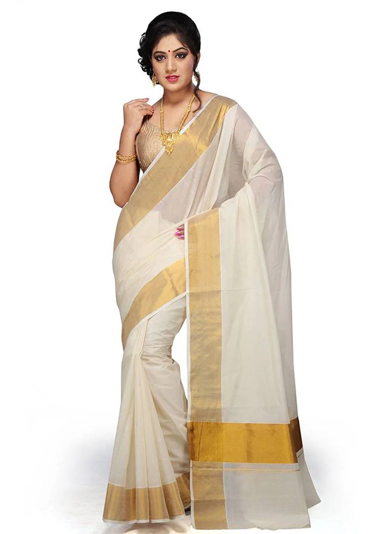 White Solid Kerala Kasavu Cotton Saree With Blouse Piece