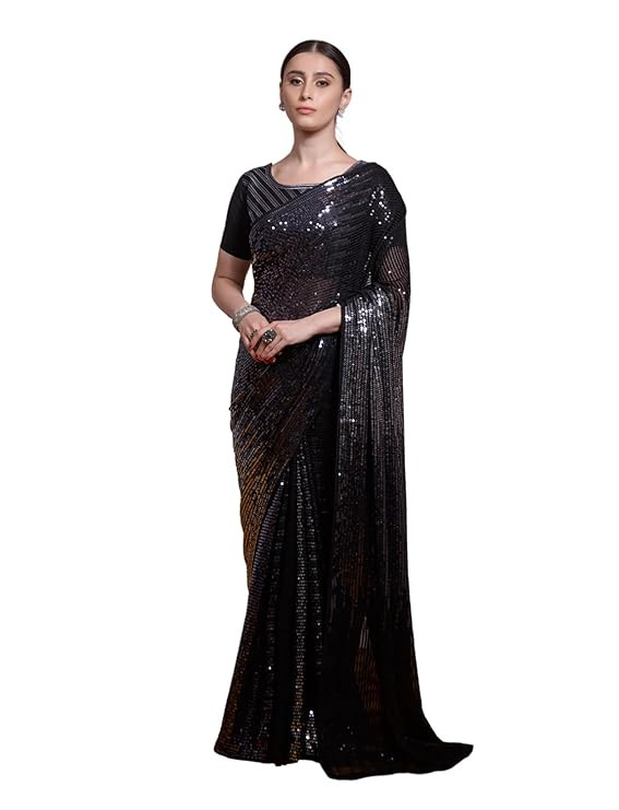 Amazon Brand - Tavasya Women's Heavy Georgette Sarees with Multicolored Sequence Embroidery With Unstitched blouse piece