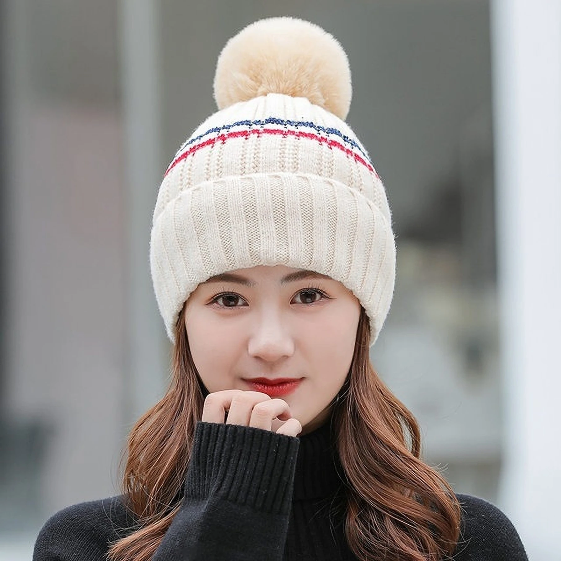 Highever women's cute winter woolen caps double layers
