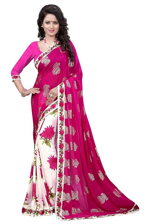 RAJESHWAR FASHION WITH RF Women's Georgette Foil Printed Sarees For Women With Lace Border Saree & Blouse Piece(Multicolored_Free Size)