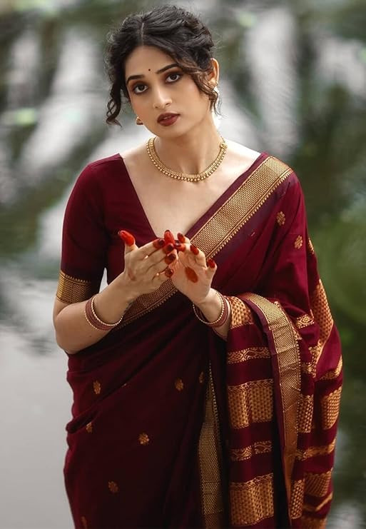 Yashika Women's Banarasi Kanjivaram Cotton Silk Saree With Unstitched Blouse Material