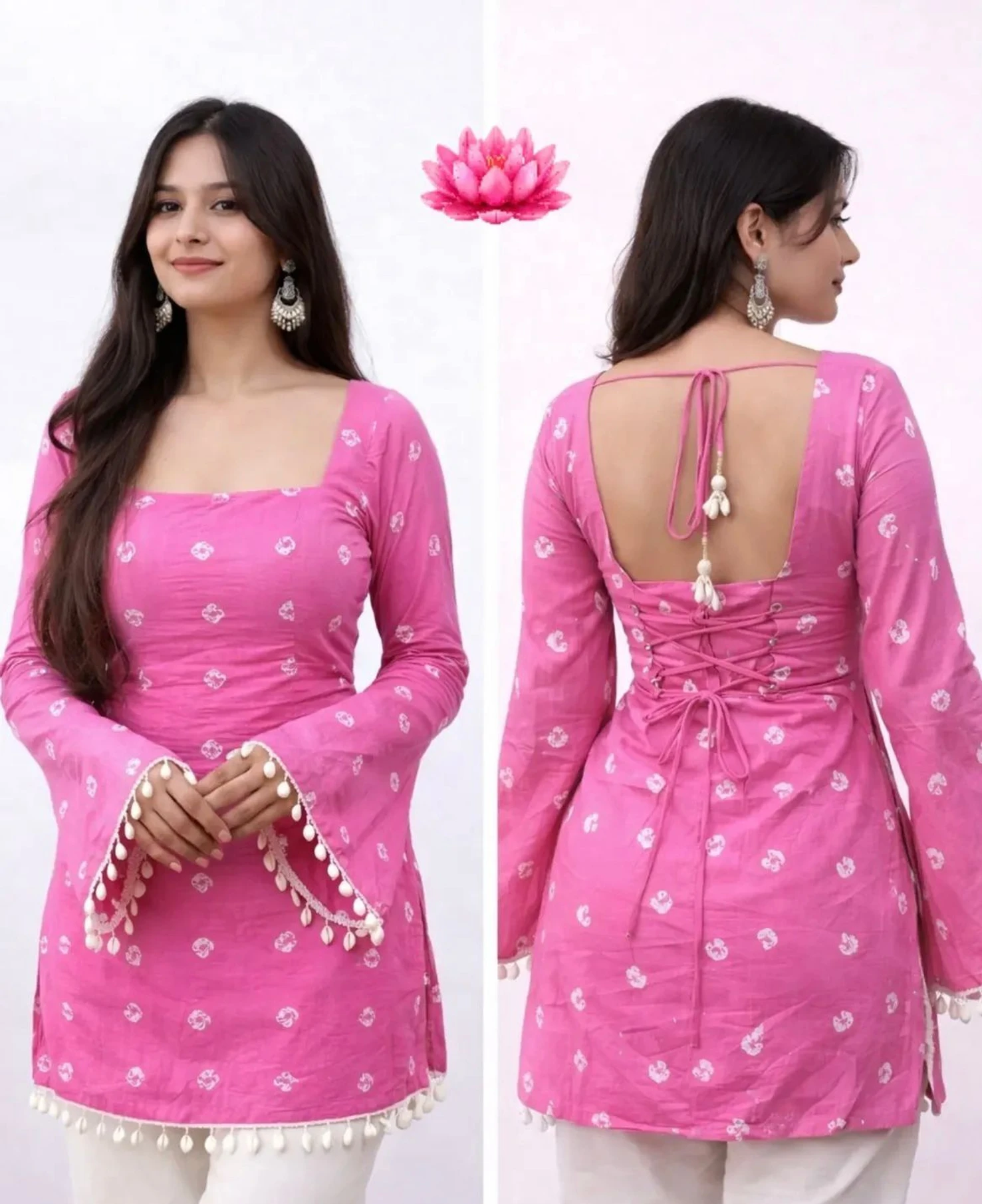 Women Printed, Bandhani Pure Cotton Straight Kurta (Pink)