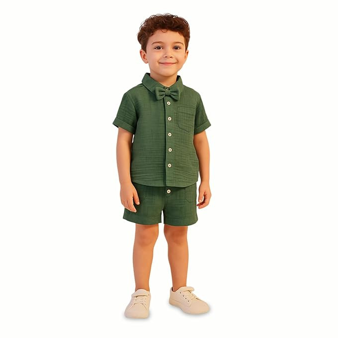 Kidbea Organic Cotton Shirt & Pant Co-ord Set for Kids | Elegant & Comfortable Summer Wear | Stylish Half Sleeve Shirt with Bow & Comfy Shorts