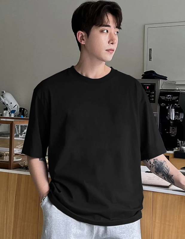 Cotton Oversized Fit Solid Half Sleeves Men's Round T-Shirt - Black ( Pack of 1 )
