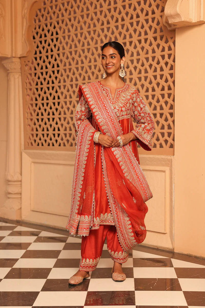Aiman - Burnt Orange Short Knee Length Choga With Salwar And Khada Dupatta