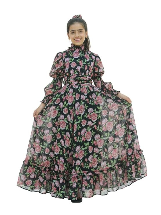 Luxe & Hardy Girls Runway Rose Long Shirred Dress with Ruffle Neck, Black with Pink Roses,