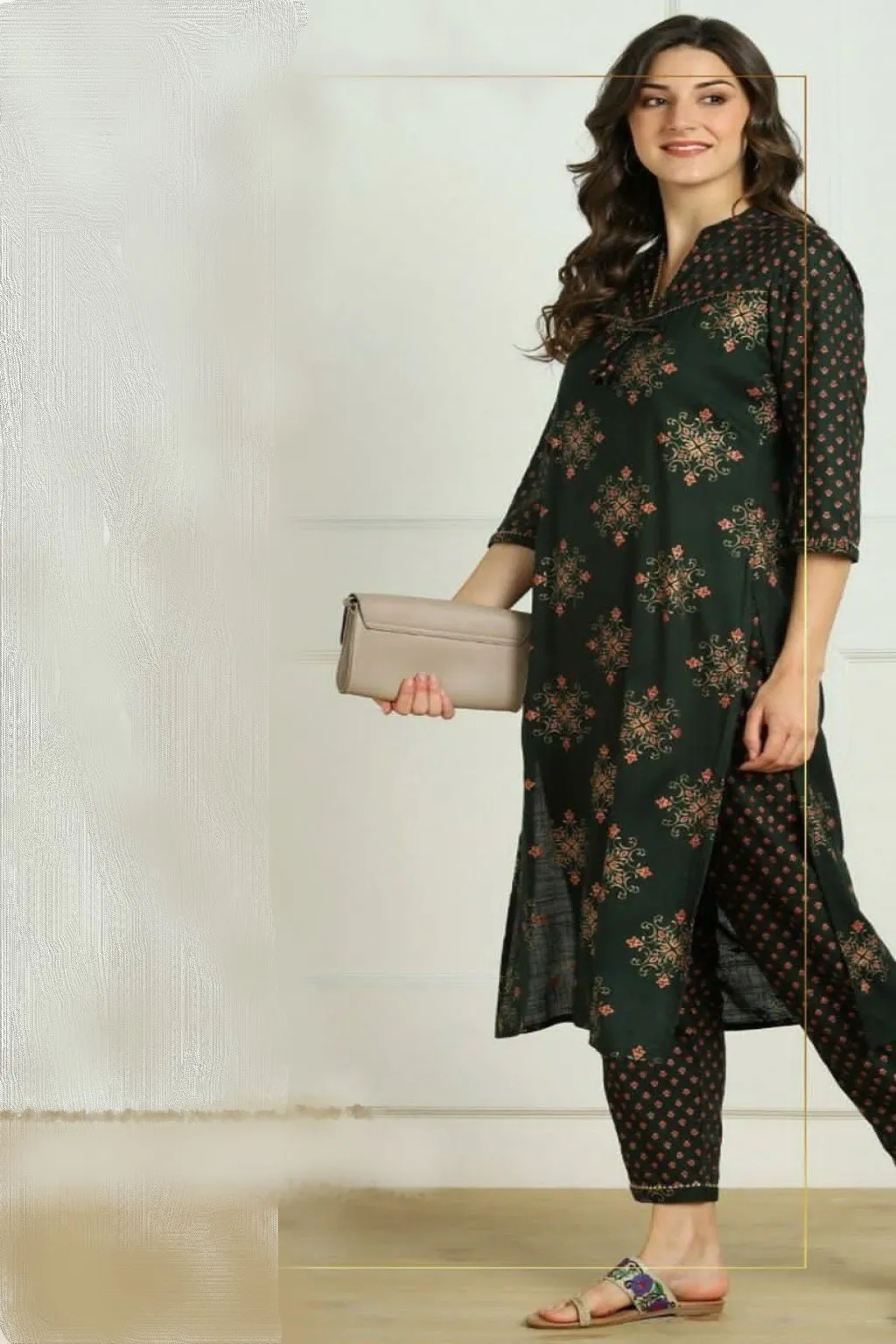 Straight Kurti set in Premium Rayon with pant in Dark Green