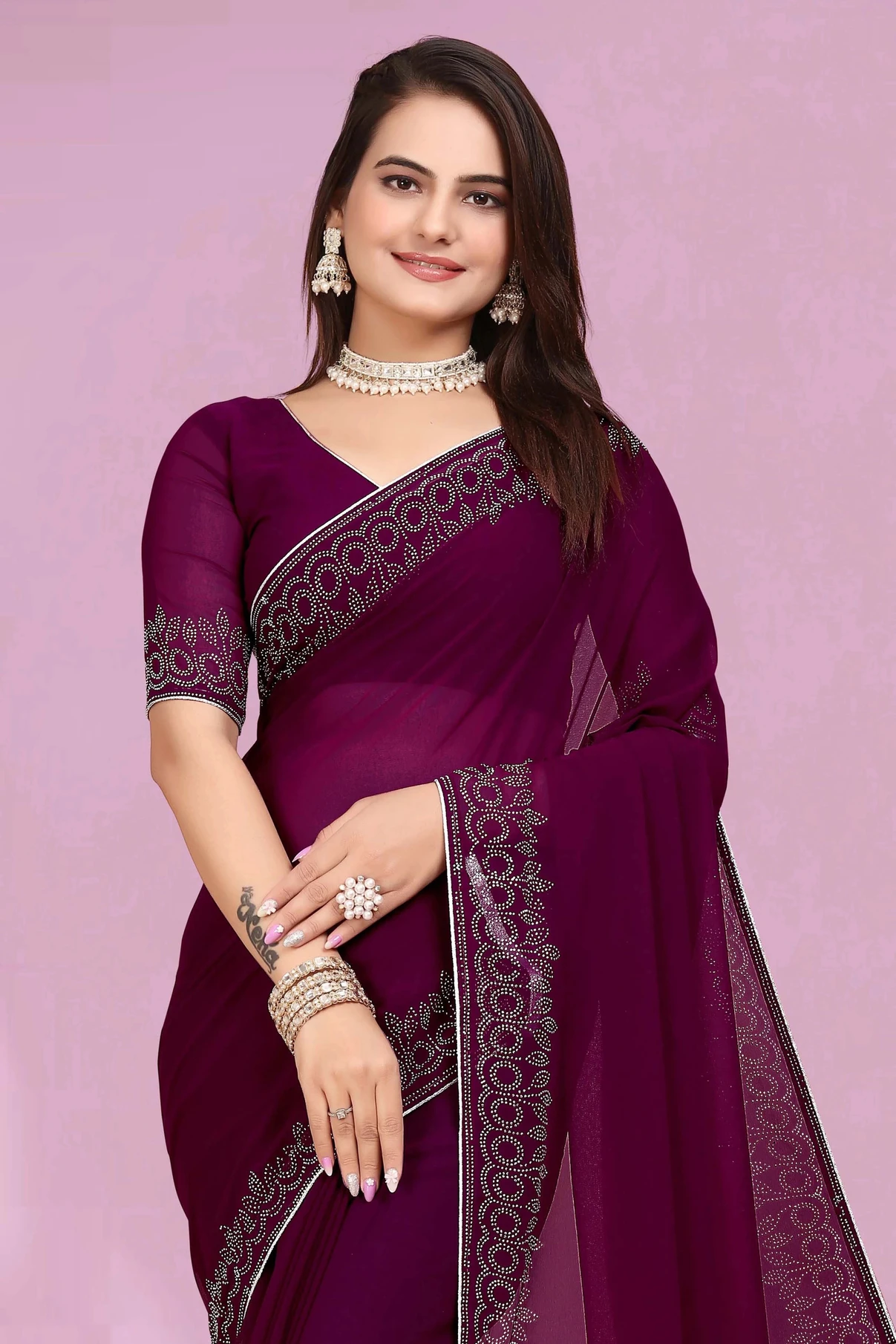 SHELDROM MART Embellished Bollywood Georgette Saree (Purple)