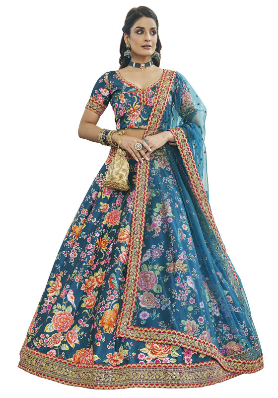 Women's Art Silk Floral Semi-Stitched Lehenga Choli with Dupatta Teal-Blue Free Size