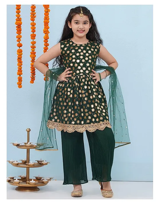 AJ Dezines Sleeveless Motif Foil Printed & Lace Embellished Kurta Pant & Dupatta Set - Dark Green