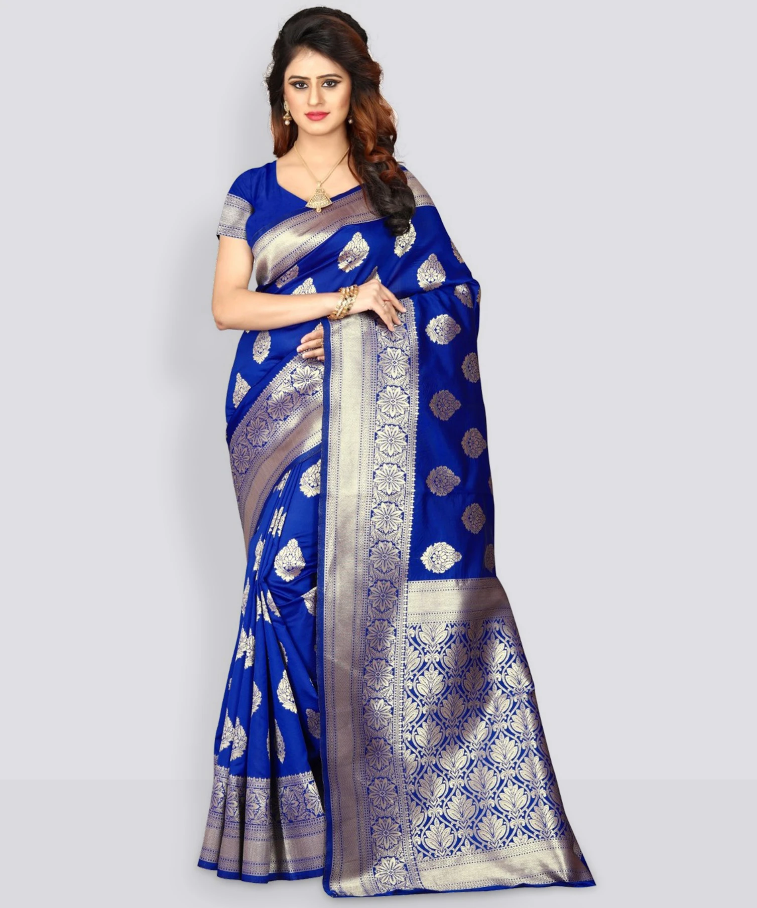 Shoppershopee Woven Kanjivaram Silk Blend Saree (Blue)