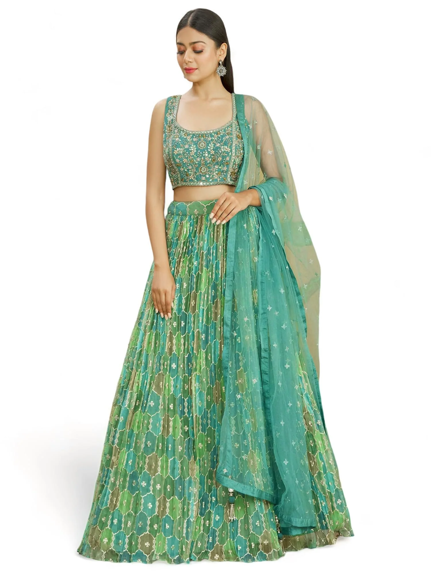 Women's Chinon Silk Embroidered Mirror Work Semi-Stitched Lehenga Choli With Dupatta Green free size