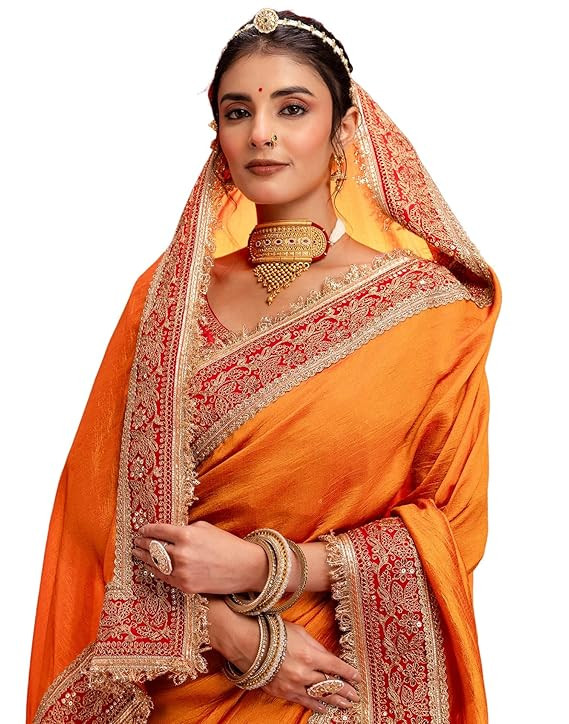 SIRIL Women's Vichitra Silk Sequins Embroidery Lace Saree With Unstitched Blouse Piece