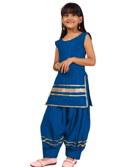 Girls Ethnic Wear Embroidery Cotton Blend Kurti Patiala Set with Dupatta for girls sleeveles dress