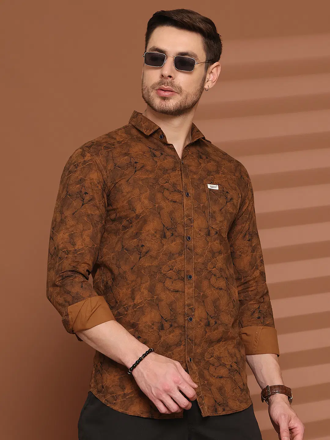 MAN 100% Cotton Slim Fit Printed Full Sleeves Men's Casual Shirt - Brown ( Pack of 1 )