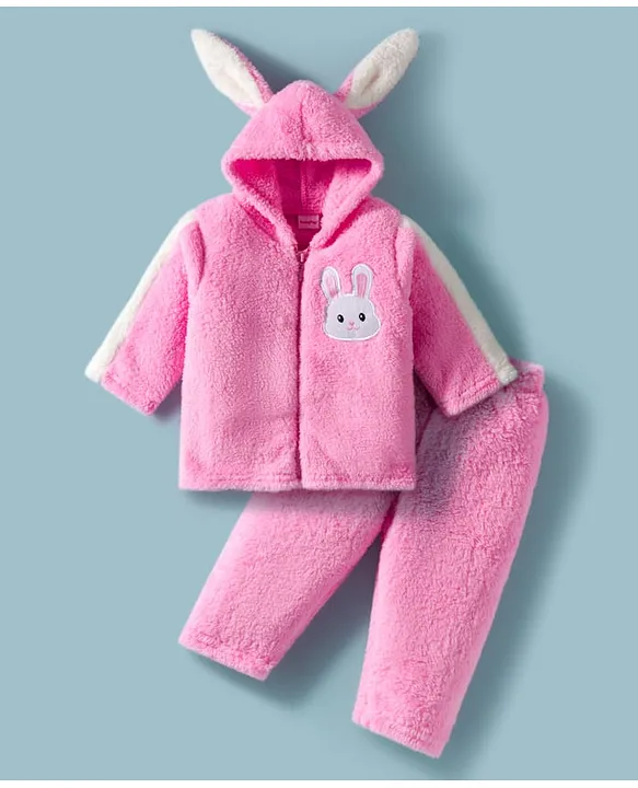 Fur Woven Full Sleeves Winter Wear Hooded T-Shirt & Lounge Pant Set With Animal Embriodery & Ear Applique - Pink
