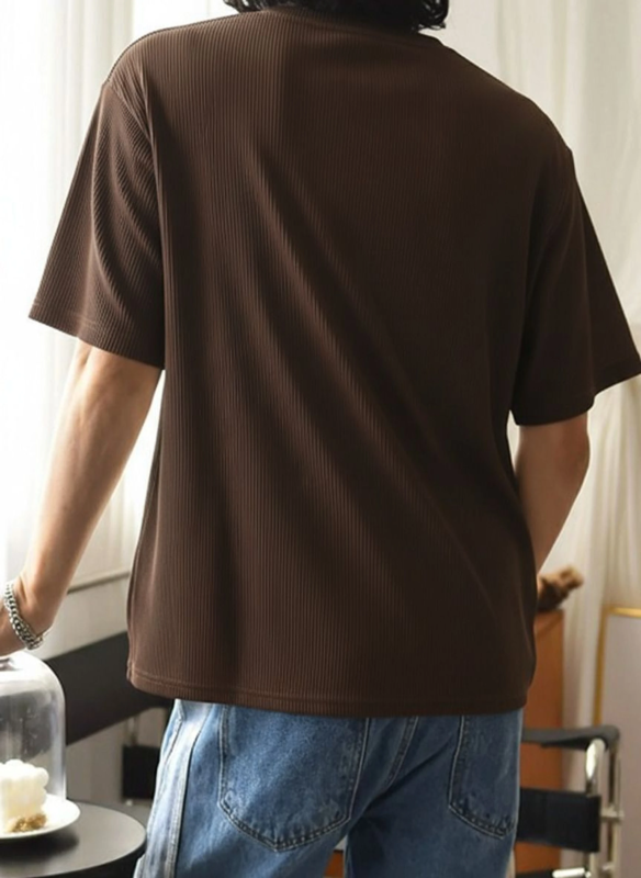 Men Striped Round Neck Polyester Brown T-Shirt