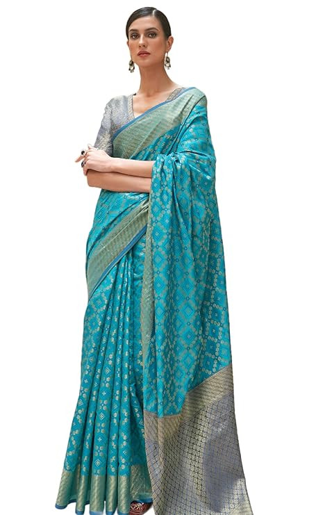 SWORNOF Women's Patola Silk Saree With Unstitched Boluse Piece (Firozy), Multicolor