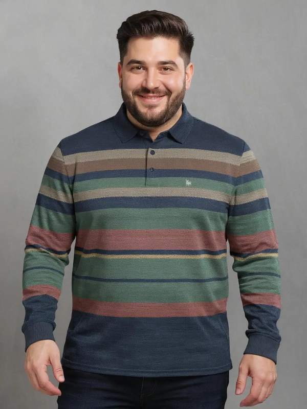 Men Cotton Blend Regular Fit Striped Polo T Shirt ( Green )