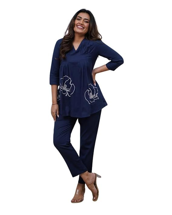 Women's Embroidered Co-ord Set, 3/4 Sleeve, Floral Design