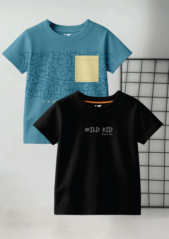 Boys Printed Pure Cotton Regular T Shirt (Black, Light Blue, Pack of 2)