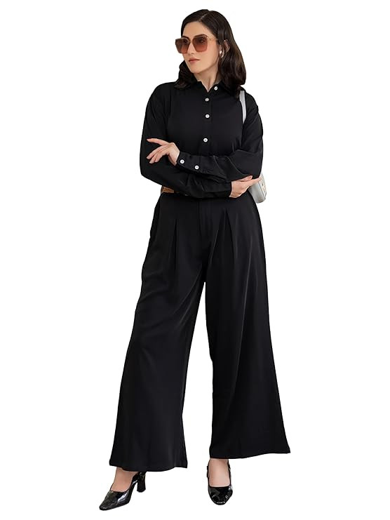 Women Co-Ord Set Shirt and Trouser | Boxy Fit Shirt with Collar & Buttons | Flared Pants with Elastic Waist & Pockets | Stylish Office Wear & Casual Outfit for Women