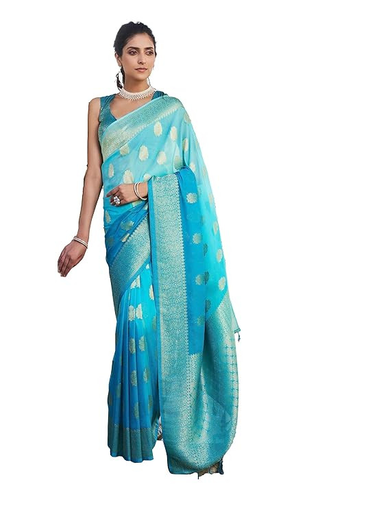 Vardha Women's Banarasi Georgette Saree with Unstitched Blouse Piece - Gold Zari Woven Work Sarees for Wedding (Mahika)
