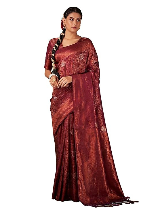 Vardha Women's Kanchipuram Art Silk Saree with Unstitched Blouse Piece - Copper Zari Woven Work Sarees for Wedding