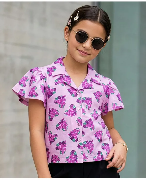 Pine Kids Cotton Knit Half Sleeves Top with Floral Print - Lilac