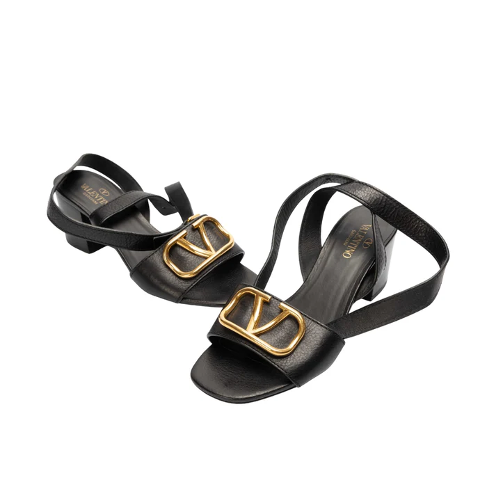 Valentino Black Leather Vlogo Block Heel Sandals