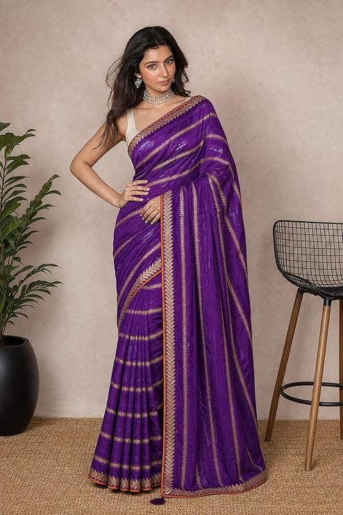 Women's Pure Georgette Saree With Unstitched Blouse Piece and Lace Broder Embellishments – Wedding Saree