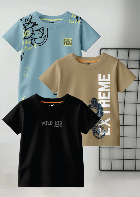 Boys Printed Pure Cotton Regular T Shirt (Multicolor, Pack of 3)