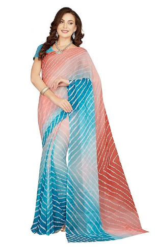 RANI SAAHIBA Women's Chiffon Lehriya Printed Saree Without Blouse