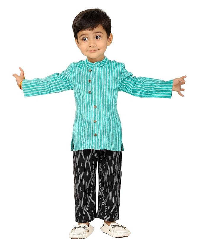 Baby Boy Dress Cotton Clothes Shirt Pant Set 1 To 4 Year Children Green Black Full Sleeve Festival Ethnic Wear Kids Birthday Party Outfit