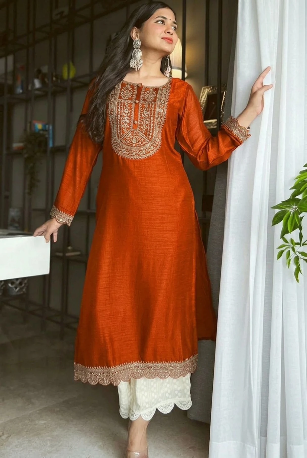 RARE THREAD Women Embroidered Silk Blend A-line Kurta (Orange)