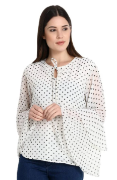 White Polka Dot Print Bell Sleeve Blouse Top