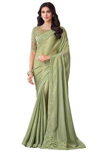 Women's And Girls Embroidery Lace & Sequence Embroidery Banarasi Silk Saree With Unstitched Blouse Piece
