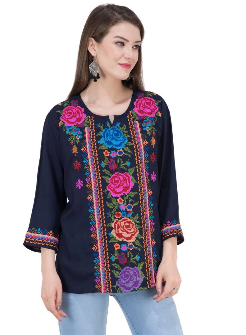 Women's Rayon Navy Blue Embroidered Tunic Top