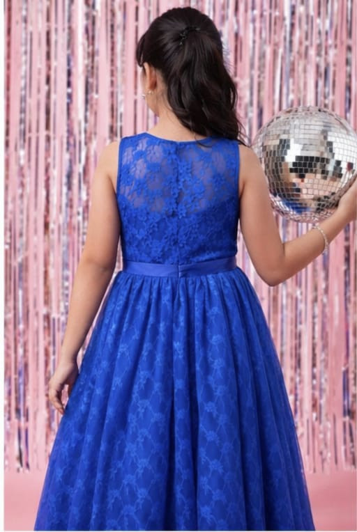 Blue Self Design Net And Lace Dress