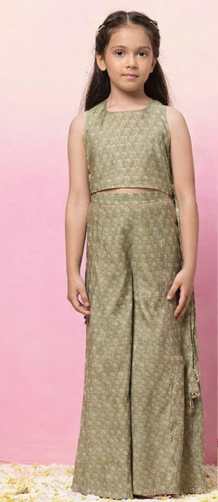 Green Boota Print Back Tie Up Crop Top With Palazzo Pants (Set of 2)