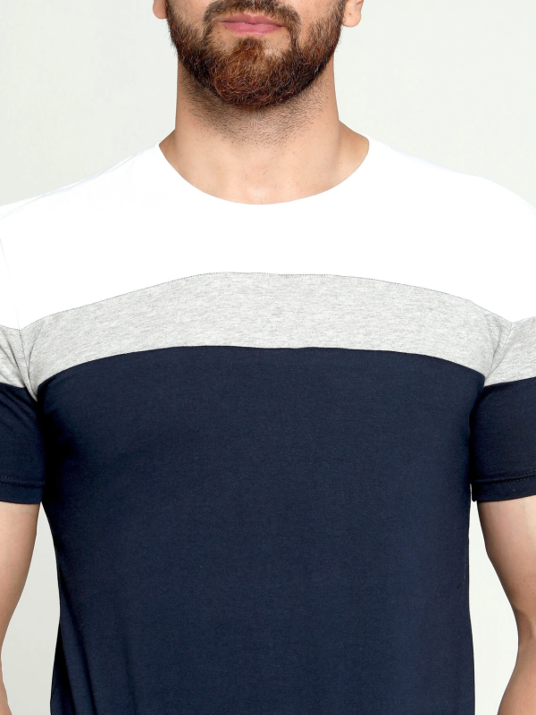 Men Colorblock Round Neck Cotton Blend White, Blue, Grey T-Shirt