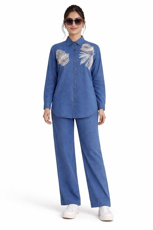 Eshmyra Elegant Women's Denim Co-ord Set with Gold Sequin Floral Embroidery, Blue Button-Down Shirt and Pants, Casual Wear