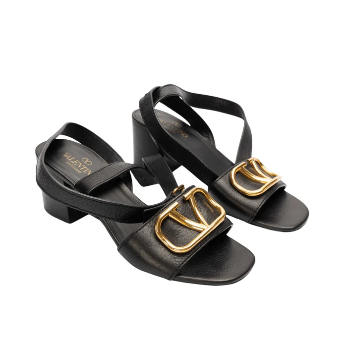Valentino Black Leather Vlogo Block Heel Sandals