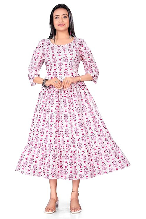 Women's Flared Comfortable Cotton Kurti, Standard Fit, Printed Anarkali Kurta for Women & Girls