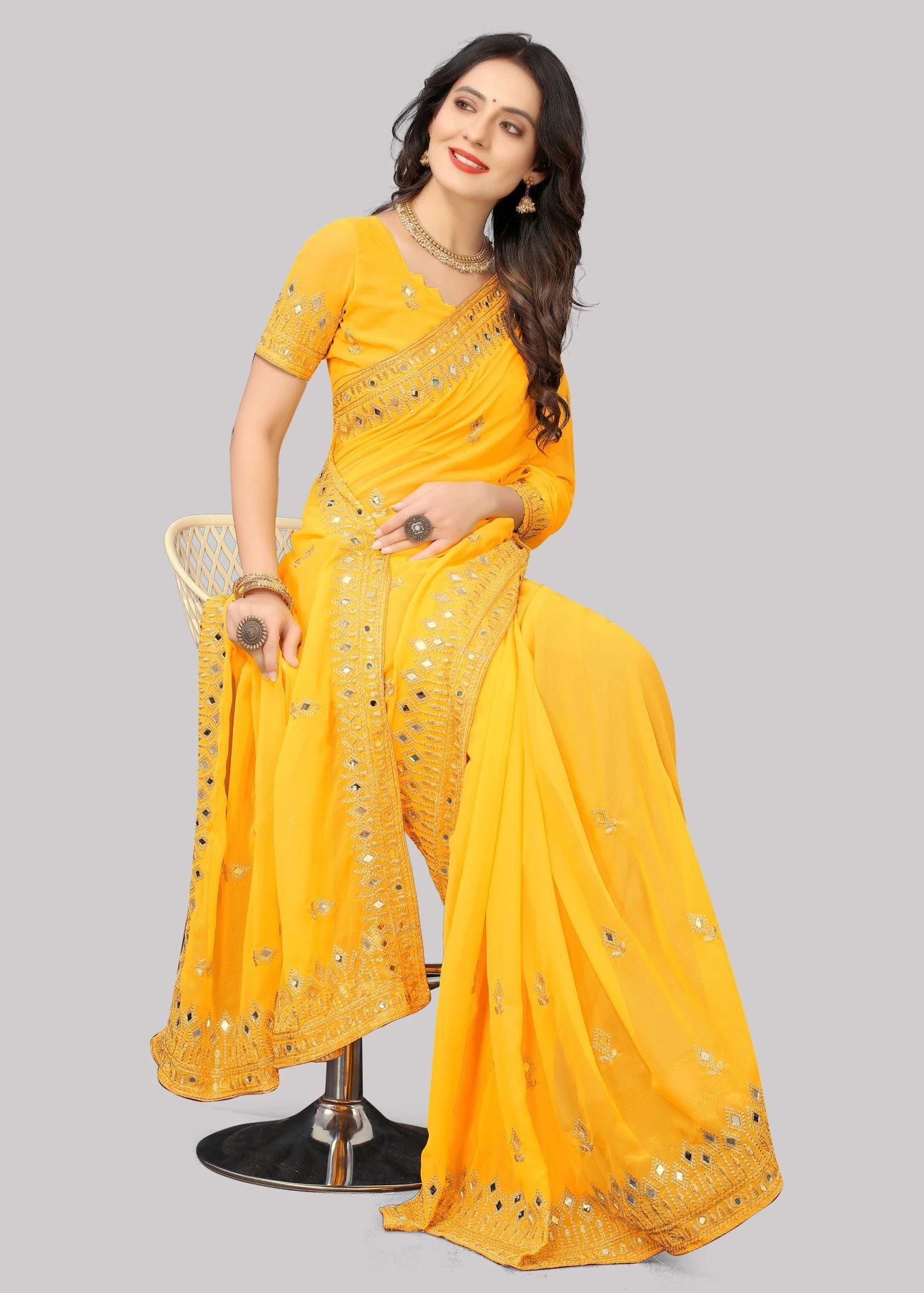 ROSYQUEEN Self Design, Embroidered Banarasi Georgette Saree (Yellow)