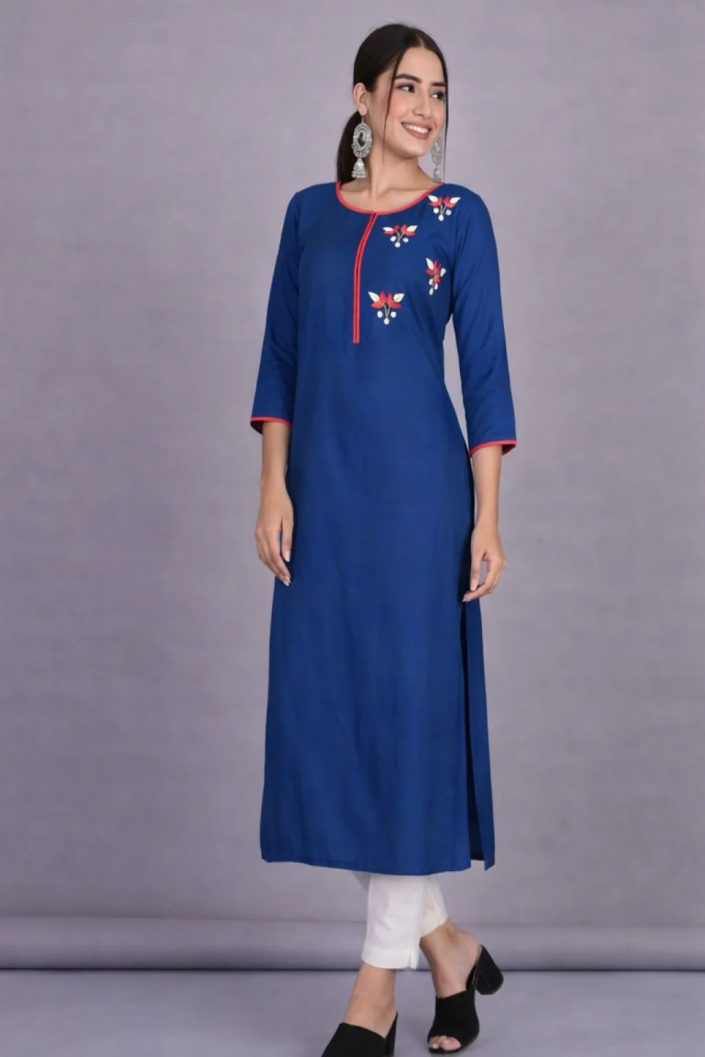 Straight Cut Kurti in Rayon with hand embroidered floral Motifs