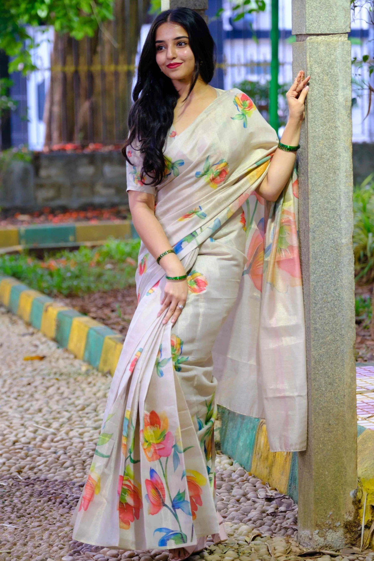 YASHIKA Digital Print Bollywood Chanderi Saree (Cream)