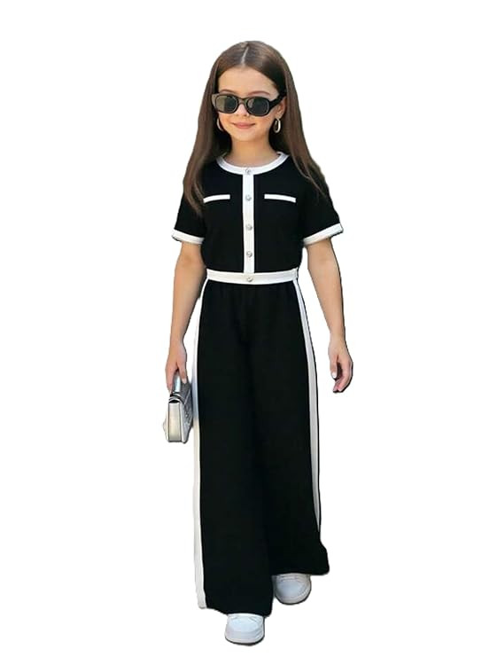BLOOD PANTHER Girls Black and White Contrast Trim Co-Ord Set, Short Sleeve Button Top and Wide Leg Pants Outfit