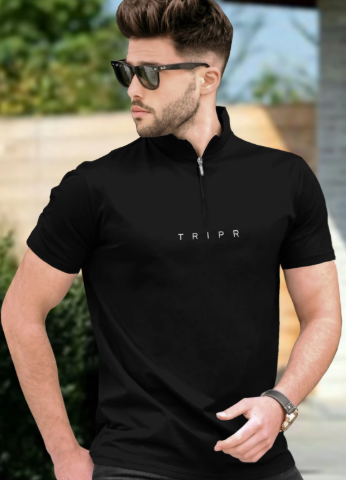 Solid Mandarin Collar Cotton Blend Black T-Shirt