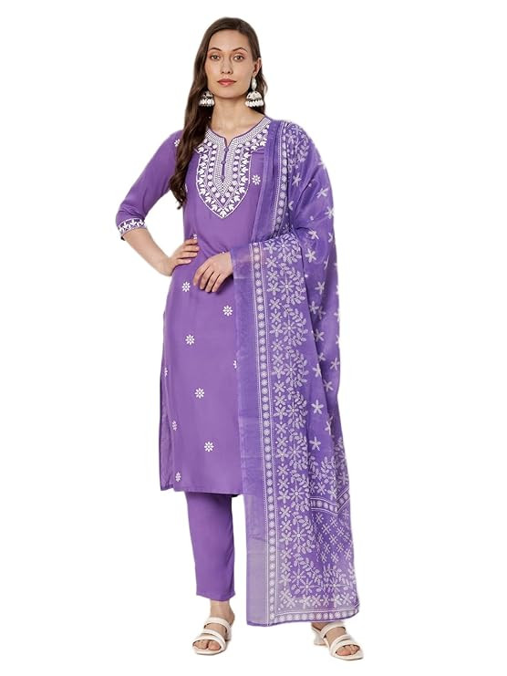 Women’s Rayon Straight Kurta Yoke Embroidery with Pant and Dupatta Set | Elegant Ethnic Kurta Pant Dupatta Outfit for Women | Office Festive Casual Wear